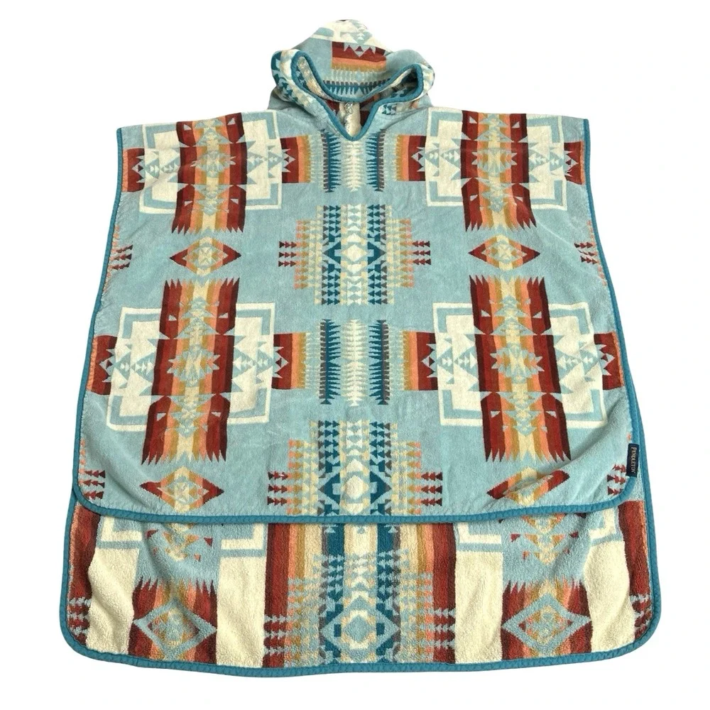 Pendleton Chief Joseph Hooded Towel Poncho Kids Tween Aqua Southwestern Cotton